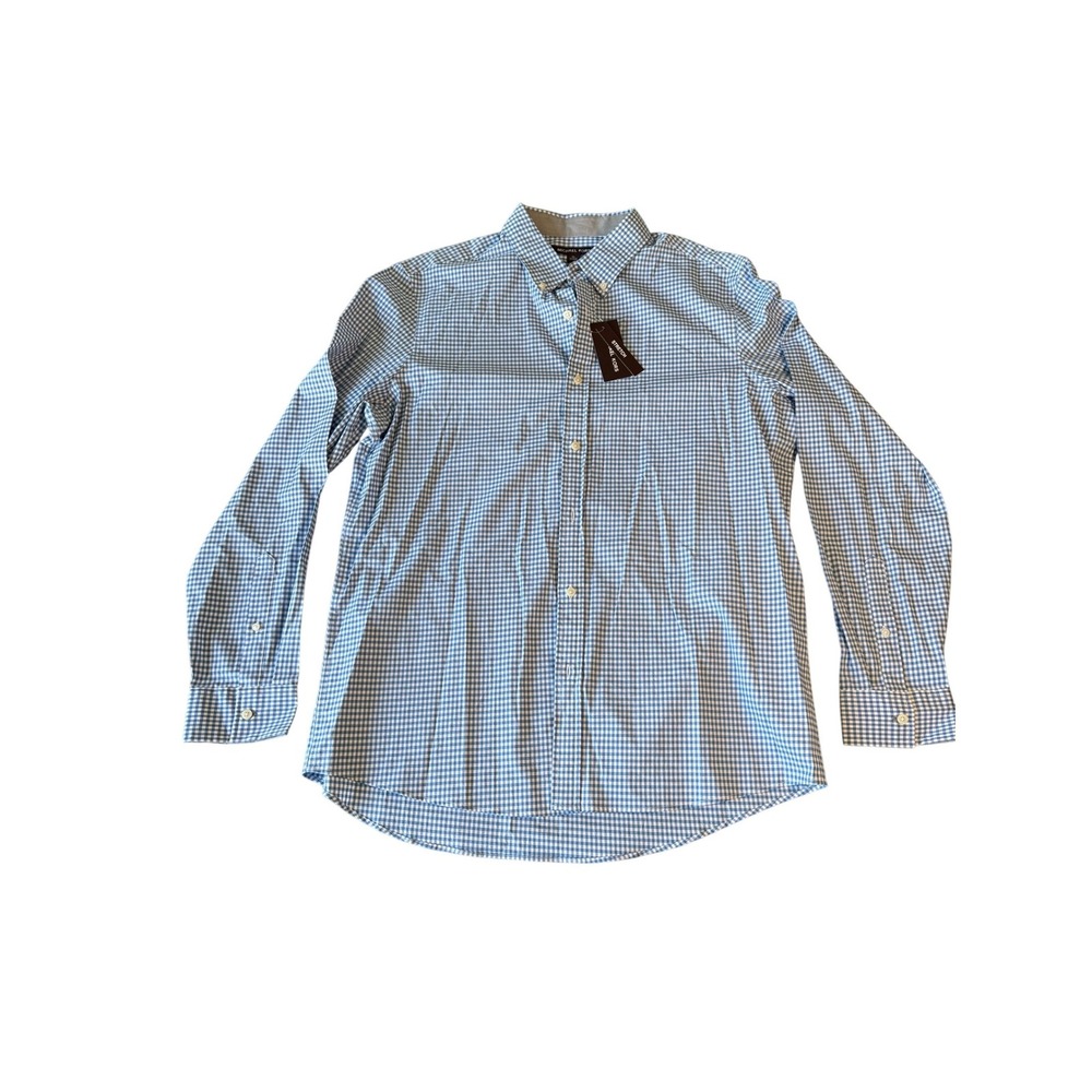 Michael Kors Mens XL Gingham Button Down Shirt Sea Blue Stretch NEW